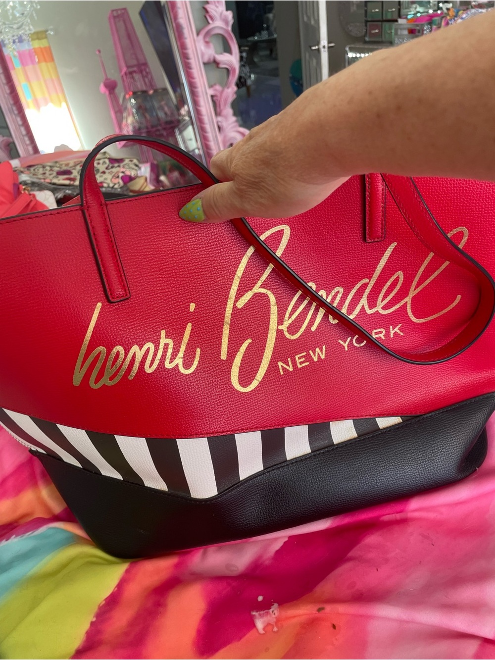 henri bendel Red Tote with Gold Script and Black & White Stripes - Picture 2 of 6